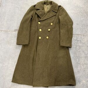 Vintage Military Wool Greatcoat Double Breasted Trench Olive Drab Gold Buttons